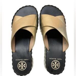 Tory Burch Gold Leather Slide On Cross Strap Summer Platform Sandals Size 11